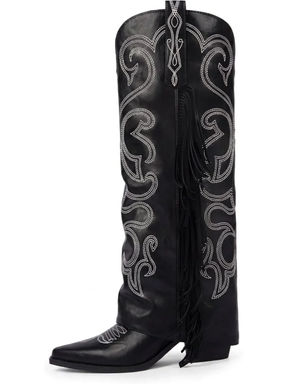 Women's Black Rubber Knee High Fold Over Half Zipper Chunky High Heel Boots